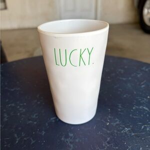 Rae Dunn White Mug with Green 'Lucky' Text
